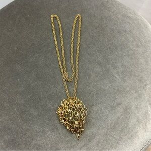 D'Orlan 1980s Crystal Rhinestone Gold-Plated Metal Leaf Pendant Necklace Brooch